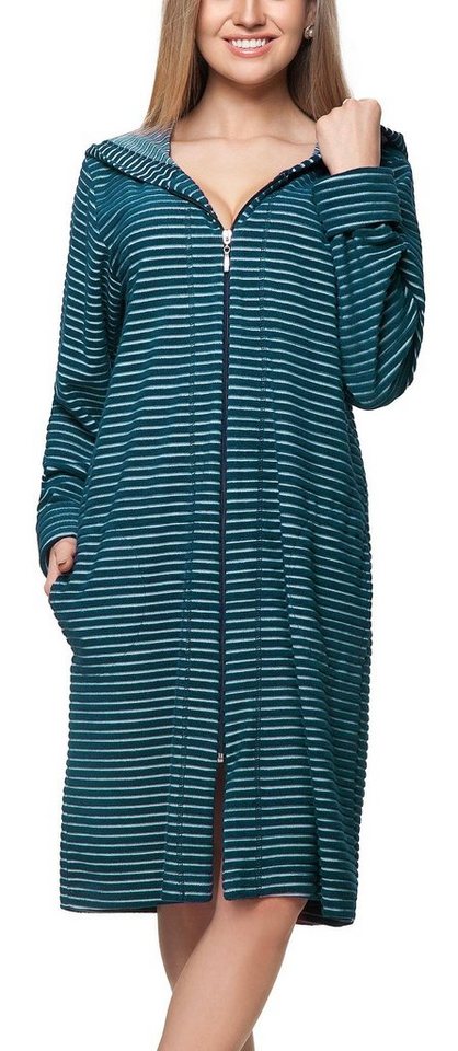 Aquarti Damenbademantel Damen Bademantel Morgenmantel Reißverschluss Streifen Kurz Baumwolle von Aquarti