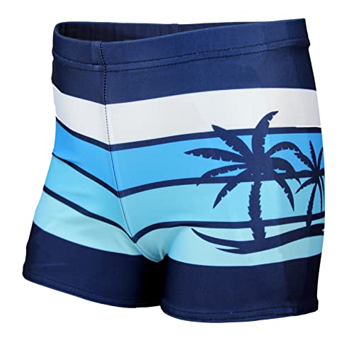 Aquarti Jungen Badehose Gestreift mit Motiven, Farbe: Dunkelblau/Blau/Palmen, Größe: 128 von Aquarti