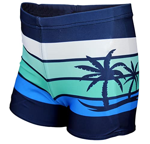 Aquarti Jungen Badehose Gestreift mit Motiven, Farbe: Dunkelblau/Grün/Palmen, Größe: 122 von Aquarti