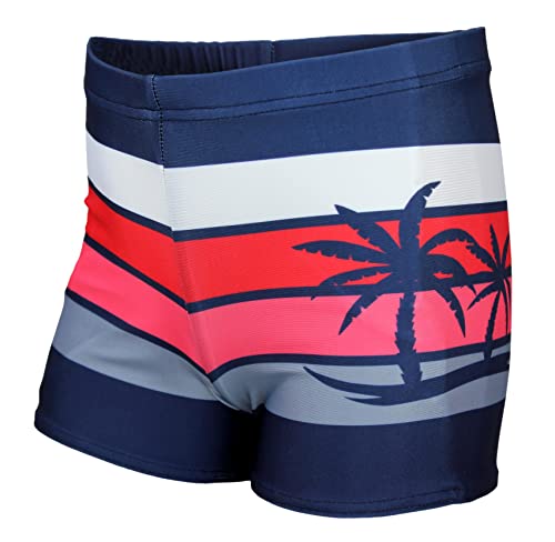 Aquarti Badehose mit Motiv – Schwimmhose Jungen Enganliegend, Badehosen für Jungen Schnell Trocknend, Farbe: Dunkelblau/Rot/Palmen, Größe: 146 von Aquarti
