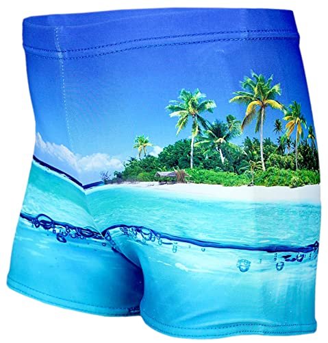 Aquarti Badehose mit Motiv – Schwimmhose Jungen Enganliegend, Badehosen für Jungen Schnell Trocknend, Farbe: Insel Meer/Blau, Größe: 146 von Aquarti
