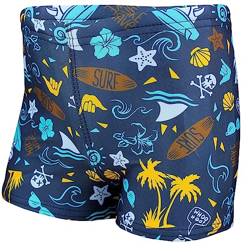 Aquarti Jungen Badehose Gestreift mit Motiven, Farbe: Surf 2 Dunkelblau/Braun/Gelb, Größe: 140 von Aquarti