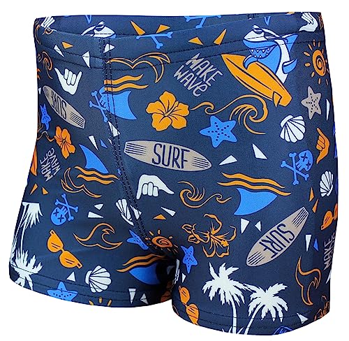 Aquarti Jungen Badehose Gestreift mit Motiven, Farbe: Surf 5 Dunkelblau/Blau/Orange, Größe: 146 von Aquarti