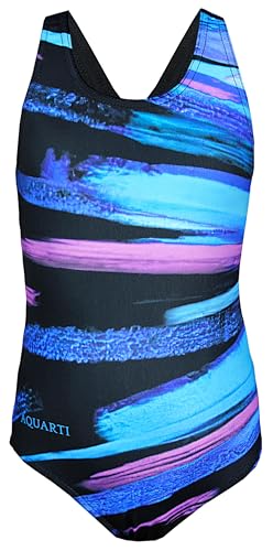 Aquarti Mädchen Badeanzug Chlorresistent Schwimmanzug Muscleback Wassersport Swimsuit, Farbe: Bunte Streifen Blau Rosa/Schwarz, Größe: 134 von Aquarti