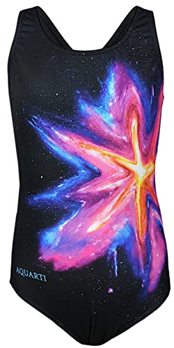 Aquarti Mädchen Badeanzug – Chlorresistenter Sport Badeanzug Mädchen mit Muscleback, Farbe: Bunter Fleck Amarant Gelb/Schwarz, Größe: 164 von Aquarti