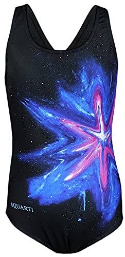 Aquarti Mädchen Badeanzug – Chlorresistenter Sport Badeanzug Mädchen mit Muscleback, Farbe: Bunter Fleck Rosa Blau/Schwarz, Größe: 164 von Aquarti