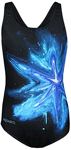 Aquarti Mädchen Badeanzug Chlorresistent Schwimmanzug Muscleback Wassersport Swimsuit, Farbe: Bunter Fleck Türkis Blau/Schwarz, Größe: 140 von Aquarti