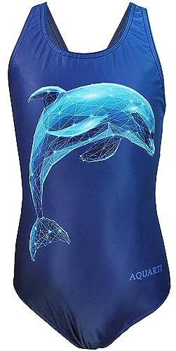 Aquarti Mädchen Badeanzug – Chlorresistenter Sport Badeanzug Mädchen mit Muscleback, Farbe: Delfin digital Blau/Dunkelblau, Größe: 146 von Aquarti