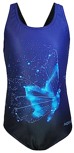 Aquarti Mädchen Badeanzug Chlorresistent Schwimmanzug Muscleback Wassersport Swimsuit, Farbe: EP1281 Schmetterling Blau/Schwarz, Größe: 134 von Aquarti