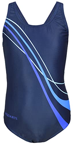 Aquarti Mädchen Badeanzug Chlorresistent Schwimmanzug Muscleback Wassersport Swimsuit, Farbe: Wellen Blau/Lila/Dunkelblau, Größe: 152 von Aquarti