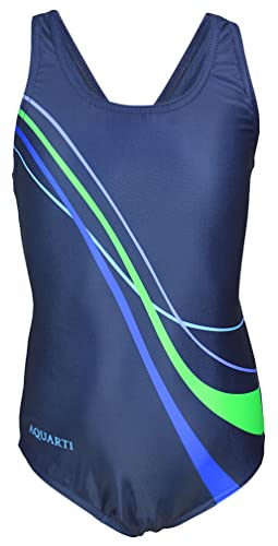 Aquarti Mädchen Badeanzug Chlorresistent Schwimmanzug Muscleback Wassersport Swimsuit, Farbe: Wellen Grün/Blau/Dunkelblau, Größe: 146 von Aquarti