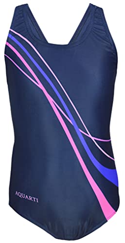 Aquarti Mädchen Badeanzug Chlorresistent Schwimmanzug Muscleback Wassersport Swimsuit, Farbe: Wellen Lila/Rosa/Dunkelblau, Größe: 146 von Aquarti