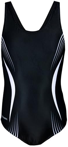 Aquarti Mädchen Badeanzug – Chlorresistenter Sport Badeanzug Mädchen mit Muscleback, Farbe: EP2304 Schwarz Grau Weiß, Größe: 134 von Aquarti