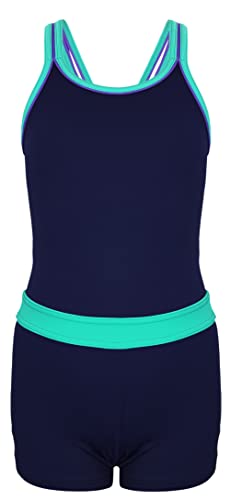 Aquarti Mädchen Badeanzug – Sport Badeanzug Mädchen mit Bein und Racerback, Chlorresistent, Farbe: Dunkelblau/Grün, Größe: 146 von Aquarti