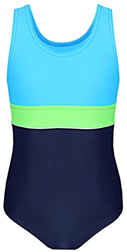 Aquarti Mädchen Badeanzug mit Ringerrücken, Farbe: 025 Dunkelblau/Neongrün/Hellblau, Größe: 158 von Aquarti