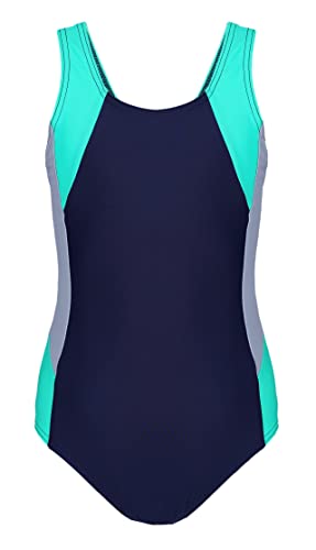 Aquarti Mädchen Badeanzug mit Ringerrücken, Farbe: Dunkelblau/Grau/Grün, Größe: 140 von Aquarti