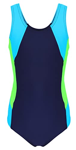 Aquarti Mädchen Badeanzug mit Ringerrücken, Farbe: Dunkelblau/Neongrün/Hellblau, Größe: 140 von Aquarti