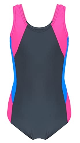 Aquarti Mädchen Badeanzug mit Ringerrücken, Farbe: Graphit/Blau/Pink, Größe: 140 von Aquarti