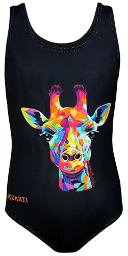Aquarti Mädchen Badeanzug mit Ringerrücken Print, Farbe: Bunte Giraffe/Schwarz, Größe: 116 von Aquarti