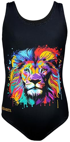 Aquarti Mädchen Badeanzug mit Ringerrücken Print, Farbe: Bunter Löwe/Schwarz, Größe: 140 von Aquarti