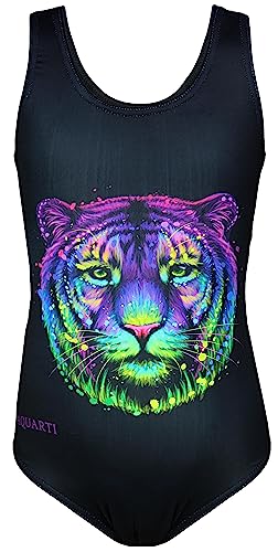 Aquarti Mädchen Badeanzug mit Ringerrücken Print, Farbe: Bunter Tiger/Schwarz, Größe: 140 von Aquarti