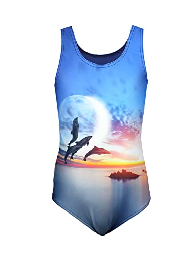 Aquarti Mädchen Badeanzug mit Ringerrücken Print, Farbe: Delfine Mond Orange/Dunkelblau, Größe: 134 von Aquarti