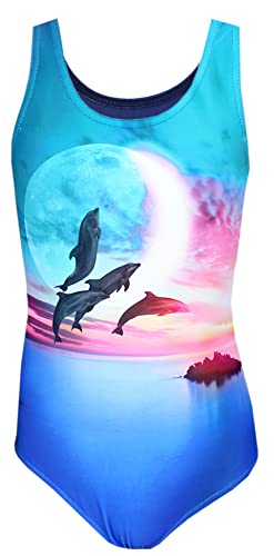 Aquarti Mädchen Badeanzug mit Ringerrücken Print, Farbe: Delfine Mond Rosa/Blau, Größe: 116 von Aquarti