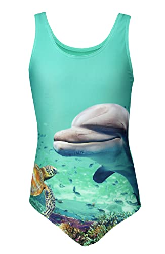 Aquarti Mädchen Badeanzug mit Ringerrücken Print, Farbe: Delphin/Grün, Größe: 128 von Aquarti
