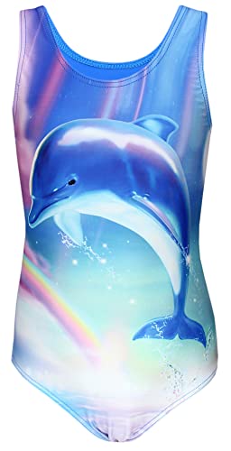 Aquarti Mädchen Badeanzug mit Ringerrücken Print, Farbe: Delphin/Regenbogen/Blau/Rosa, Größe: 128 von Aquarti