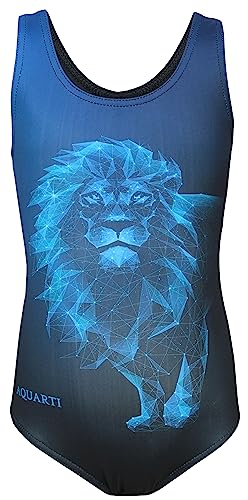 Aquarti Mädchen Badeanzug mit Ringerrücken Print, Farbe: Löwe Blau/Schwarz, Größe: 140 von Aquarti