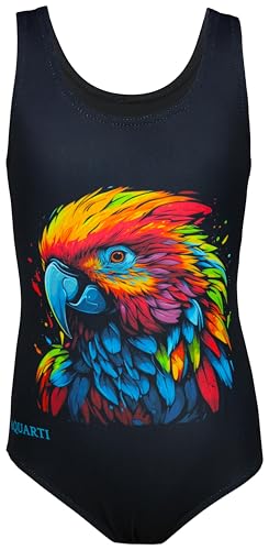 Aquarti Mädchen Badeanzug mit Ringerrücken Print, Farbe: Papagei/Schwarz, Größe: 140 von Aquarti