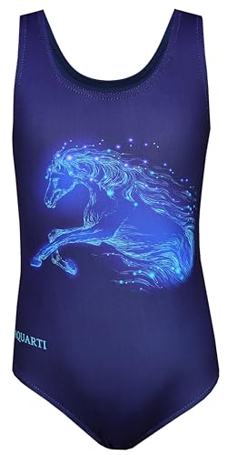 Aquarti Mädchen Badeanzug mit Ringerrücken Print, Farbe: Pferd/Dunkelblau, Größe: 116 von Aquarti