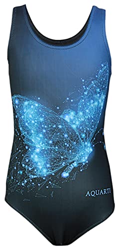 Aquarti Mädchen Badeanzug mit Ringerrücken Print, Farbe: Schmetterling Blau/Schwarz, Größe: 128 von Aquarti