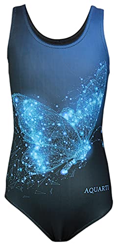 Aquarti Mädchen Badeanzug mit Ringerrücken Print, Farbe: Schmetterling Blau/Schwarz, Größe: 170 von Aquarti