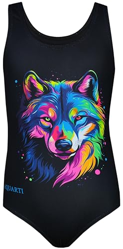 Aquarti Mädchen Badeanzug mit Ringerrücken Print, Farbe: Wolf/Schwarz, Größe: 140 von Aquarti