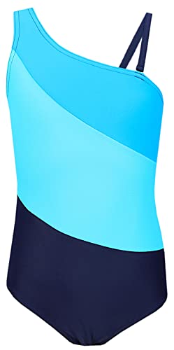 Aquarti Mädchen Badeanzug mit Spaghettiträgern Streifen, Farbe: 032C Dunkelblau/Blau/Türkis, Größe: 152 von Aquarti