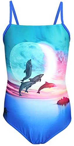 Aquarti Mädchen Badeanzug mit Spaghettiträgern Streifen, Farbe: Delfine Mond Rosa/Blau, Größe: 128 von Aquarti