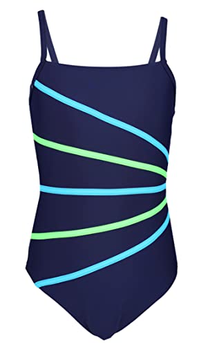 Aquarti Mädchen Badeanzug mit Spaghettiträgern Streifen – Sport Badeanzug Mädchen, Chlorresistent, Farbe: Dunkelblau/Streifen Neongrün Hellblau, Größe: 140 von Aquarti