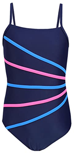 Aquarti Mädchen Badeanzug mit Spaghettiträgern Streifen, Farbe: Dunkelblau/Streifen Rosa Blau, Größe: 134 von Aquarti