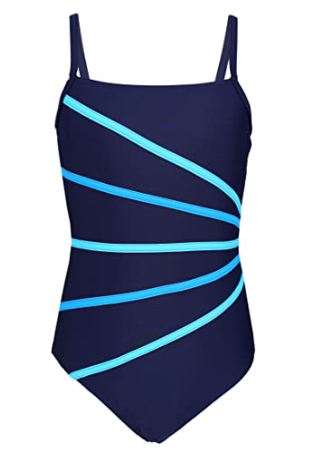 Aquarti Mädchen Badeanzug mit Spaghettiträgern Streifen, Farbe: Dunkelblau/Streifen Türkis Himmelblau, Größe: 140 von Aquarti