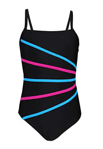 Aquarti Mädchen Badeanzug mit Spaghettiträgern Streifen, Farbe: Schwarz/Streifen Amarant Türkis, Größe: 152 von Aquarti