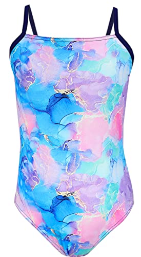 Aquarti Mädchen Badeanzug mit Spaghettiträgern Streifen, Farbe: Tie Dye/Dunkelblau/Blau/Lila/Rosa, Größe: 146 von Aquarti