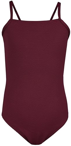 Aquarti Mädchen Badeanzug mit Spaghettiträgern Streifen – Sport Badeanzug Mädchen, Chlorresistent, Farbe: Jacquard Punkte Rot Braun, Größe: 140 von Aquarti