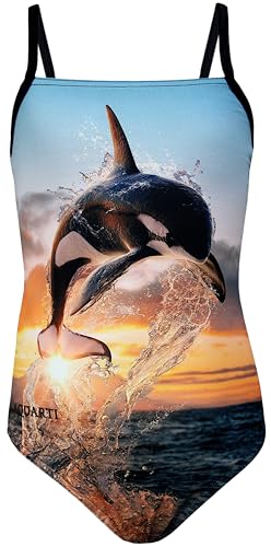 Aquarti Mädchen Badeanzug mit Spaghettiträgern Streifen – Sport Badeanzug Mädchen, Chlorresistent, Farbe: Orca/Schwarz, Größe: 158 von Aquarti