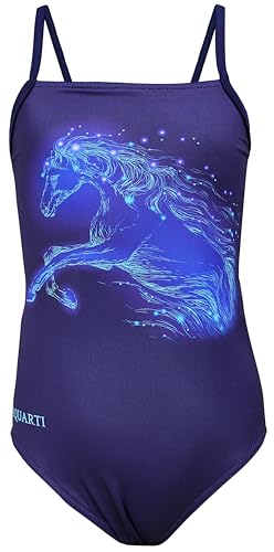 Aquarti Mädchen Badeanzug mit Spaghettiträgern Streifen – Sport Badeanzug Mädchen, Chlorresistent, Farbe: Pferd/Dunkelblau, Größe: 164 von Aquarti