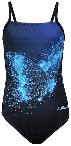 Aquarti Mädchen Badeanzug mit Spaghettiträgern Streifen – Sport Badeanzug Mädchen, Chlorresistent, Farbe: Schmetterling Blau/Schwarz, Größe: 164 von Aquarti