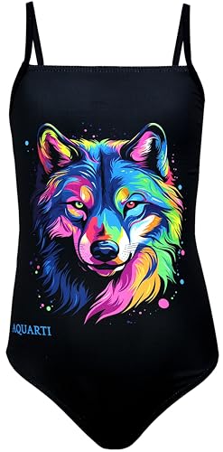 Aquarti Mädchen Badeanzug mit Spaghettiträgern Streifen – Sport Badeanzug Mädchen, Chlorresistent, Farbe: Wolf/Schwarz, Größe: 170 von Aquarti
