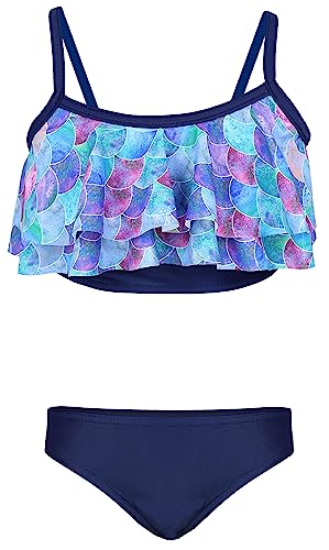 Aquarti Mädchen Bikini Set Bustier Bikinislip Zweiteiliger Badeanzug, Farbe: 030A mit Rüschen/Meerjungfrau Lila/Dunkelblau, Größe: 116 von Aquarti