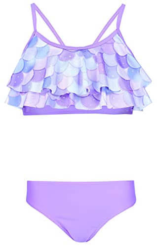 Aquarti Mädchen Bikini Set Bustier Bikinislip Zweiteiliger Badeanzug, Farbe: 030F mit Rüschen/Meerjungfrau Violett/Lila, Größe: 134 von Aquarti
