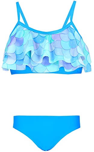 Aquarti Mädchen Bikini Set Bustier Bikinislip Zweiteiliger Badeanzug, Farbe: 030G mit Rüschen/Meerjungfrau Blau/Grün/Violett, Größe: 140 von Aquarti
